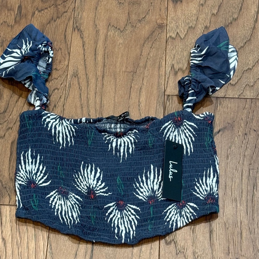 Lulus Navy Blue Floral Smocked Crop Top‎ Ruffle Straps Small